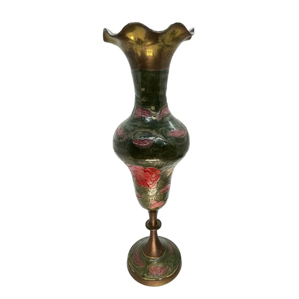 Brass Enamel Vase Footed Fluted Top Green Pink Cream Vintage MCM Retro Decor - Picture 3 of 16